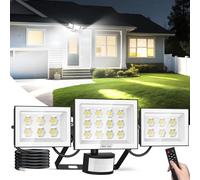 Viugreum Faretto LED da 100W con sensore di movimento esterno, 10000 lm, 6500 K faretto da esterno con telecomando, 3 teste esterne, IP66 impermeabile faro led per garage, Cortile, Giardino