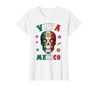 Viva - Camicia Messicana con Teschio e Bandiera Messicana, da Donna, Uomo e Ragazzo Maglietta, Donna, Bianco, 3XL