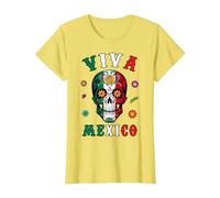 Viva - Camicia Messicana con Teschio e Bandiera Messicana, da Donna, Uomo e Ragazzo Maglietta, Donna, Limone, M