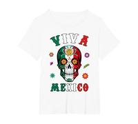Viva - Camicia Messicana con Teschio e Bandiera Messicana, da Donna, Uomo e Ragazzo Maglietta, Donna Plus-Size, Bianco, 1X