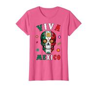 Viva - Camicia Messicana con Teschio e Bandiera Messicana, da Donna, Uomo e Ragazzo Maglietta, Donna, Rosa mélange, XL