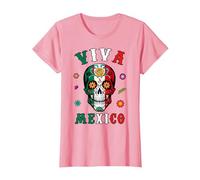 Viva - Camicia Messicana con Teschio e Bandiera Messicana, da Donna, Uomo e Ragazzo Maglietta, Donna, Rosa, M