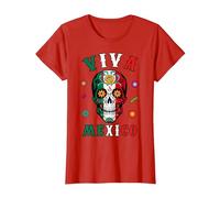 Viva - Camicia Messicana con Teschio e Bandiera Messicana, da Donna, Uomo e Ragazzo Maglietta, Donna, Rosso, S