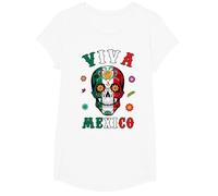 Viva - Camicia Messicana con Teschio e Bandiera Messicana, da Donna, Uomo e Ragazzo Maglietta, Ragazze, Bianco, XS