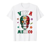 Viva - Camicia Messicana con Teschio e Bandiera Messicana, da Donna, Uomo e Ragazzo Maglietta, Uomo, Bianco, XXL