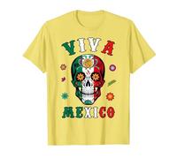 Viva - Camicia Messicana con Teschio e Bandiera Messicana, da Donna, Uomo e Ragazzo Maglietta, Uomo, Limone, S