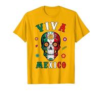 Viva - Camicia Messicana con Teschio e Bandiera Messicana, da Donna, Uomo e Ragazzo Maglietta, Uomo, Oro Brillante, XXL