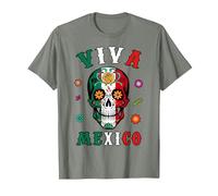 Viva - Camicia Messicana con Teschio e Bandiera Messicana, da Donna, Uomo e Ragazzo Maglietta, Uomo, Verde Militare mélange, L
