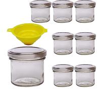 Viva Haushaltswaren G1130125/8T/argento/X - Vasetti per marmellata Piccoli con Tappo, 8 Pezzi, capacità: 125 ml, Imbuto Incluso, Chiusura ermetica, Colore Tappo: Argento, Colore Imbuto: Giallo