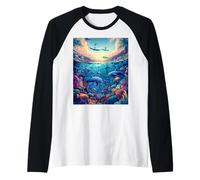 Vivace Scena Subacquea con Tramonto sulla Spiaggia Maglia con Maniche Raglan