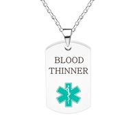 Vivaday Collana Blood Fluidifier Alert | Ciondolo con simbolo medico verde acqua | Collane con targhetta identificativa di emergenza personalizzata | Elegante gioiello unisex per il fitness YA5972