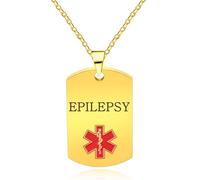 Vivaday Collana ID Medica Placcata Oro per Epilessia | Pendente di Allerta Medica Caduceo Rosso per Epilessia | Collana di Incisione per Allergie | Pendente di Simbolo di Primo Soccorso