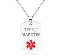 Vivaday Collana medica per diabete tipo 2 | Collana di Emergenza Medica con Ciondolo Caduceo Rosso | Gioielli con Tag ID Medico Inciso | Ciondolo con Simbolo di Soccorso in Acciaio Inox