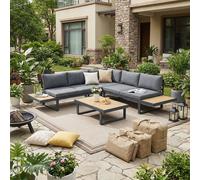 VivaGarden Salotto da Giardino con Divano Angolare e Tavolino con Cuscini in Alluminio colore Grigio/Teak
