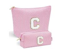 VivaJoy - Confezione da 2 trousse per il trucco con lettera C - Borse per il trucco personalizzate da donna, in ciniglia a righe rosa, grande borsa per cosmetici e piccola borsa portatile per il