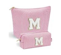 VivaJoy - Confezione da 2 trousse per il trucco con lettera M, personalizzabili per donne, in ciniglia a righe rosa, grande borsa per cosmetici e piccola borsa portatile per il trucco, regalo di