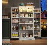 VIVCA 60 × 35 × 128 cm, bianco, armadio da cucina multifunzionale con lampada a sensore LED, ripiani regolabili in altezza, doppia porta con vano portaoggetti, dispositivo di protezione