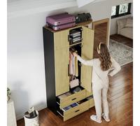 VIVCA Armadio con asta appendiabiti e cinque cassetti, armadio a due ante + vetrina, mobile portaoggetti per camera da letto, colore naturale e nero