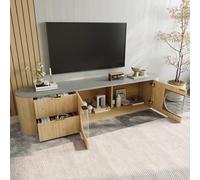 VIVCA Armadio moderno e minimalista per TV effetto legno, ante con strisce verticali 3D, armadio ovale in vetro grigio, armadio multizone, armadio soggiorno.