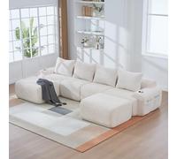 VIVCA Divano Cordless per soggiorno 4 persone modulare beige con 2 sgabelli combinabili liberamente con portabevande e tasca laterale ideale per camere familiari e altri spazi.