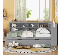 VIVCA Divano letto 140 x 200, letto allungabile 90 x 190 con presa USB e più ripiani, letto in legno massello, letto matrimoniale, letto multifunzione in legno, colore grigio.
