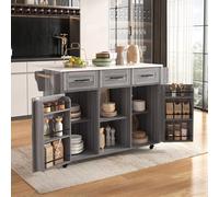 VIVCA Grande carrello da portata, 139 x 46 (71 x 91,5 cm, impiallacciato in legno massiccio grigio per il corpo + impiallacciatura in marmo bianco per il piano di lavoro, armadio/piano di lavoro