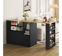 VIVCA Isola da cucina 115 cm con piano di lavoro estraibile e tavolo da pranzo, in legno, 3 ripiani + 2 cassetti, per sala da pranzo e bar di casa