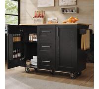 VIVCA Isola della cucina con divisori e ruote rimovibili, carrello da pranzo con banco da lavoro, venature del legno, portasciugamani laterale, nero