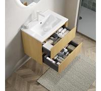 VIVCA Lavabo da bagno 61 cm, montaggio a parete con lavabo bianco rettangolare in ceramica, armadietto a righe in compensato con 2 cassetti, pre-assemblato, Collora colore venature del legno.