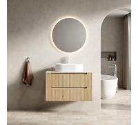 VIVCA Lavabo da bagno sospeso da 80 cm, con lavabo ovale, piastra in pietra sinterizzata di travertino, armadietto in compensato a righe con 2 cassetti, premontato, bianco, venature del legno di