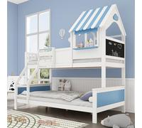 VIVCA Lettino a castello, 90 x 200 cm e 120 x 200 cm, con vano portaoggetti, con scala obliqua a tre livelli, forma unica finestra, lavagna graffiti sul lato, pino + MDF, bianco + blu