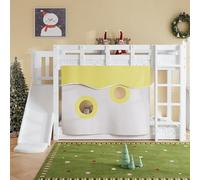 VIVCA Letto a castello 90 x 200 cm, letto in legno con scale e recinzioni, con tenda, scivolo, culla con protezione anticaduta e griglia, MDF + pino, bianco.