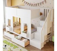 VIVCA Letto a castello con scala e cassetti, 90 x 200 cm, grande letto a soppalco con finestre e contenitori, struttura in legno con ringhiere di sicurezza, letto per bambini salvaspazio, bianco