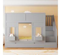 VIVCA Letto a castello con scala e cassetti, 90 x 200 cm, grande letto a soppalco con finestre e contenitori, struttura in legno con ringhiere di sicurezza, letto per bambini salvaspazio, grigio