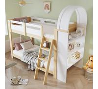 VIVCA Letto a castello da 90 x 200 cm, con scaffale a tre livelli, griglia sicura per il letto, scala a tre gradini, stabile rete a doghe in legno di pino + MDF + compensato, bianco + naturale