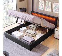 VIVCA Letto a LED imbottito, 140 x 190 cm, con rete a doghe e vano portaoggetti, con testiera illuminata, colore: nero, testiera e similpelle