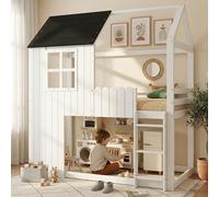 VIVCA Letto a soppalco con finestra squisita, splendide forme di casa, scale a tre gradini, recinto su tutti i lati, pino + MDF, bianco + nero, 90 x 200 cm