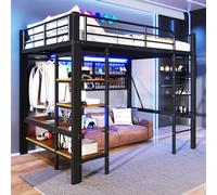 VIVCA Letto a soppalco in ferro, 140 x 200 cm, vano portaoggetti, con asta appendiabiti, spazio aperto sotto il letto, con striscia luminosa a LED, senza materasso, colore: nero.