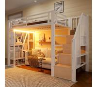 VIVCA Letto a soppalco in ferro, 90 x 200 cm, vano portaoggetti, gradini integrati, corrimano di sicurezza, scala, con barra luminosa a LED, spazio aperto sotto il letto, materasso non incluso, colore