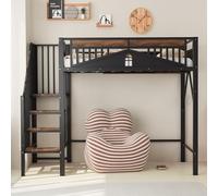 VIVCA Letto a soppalco in metallo 90 x 200 cm, bordo di sicurezza unico con finestra, con scala di sicurezza, abbastanza spazio sotto il letto per un rivestimento in tessuto di colore nero.