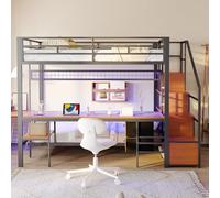 VIVCA Letto a soppalco in metallo, con scrivania, LED, con prese, spazio aperto e cassetto in tessuto, 140 x 200, e sotto il letto 90 x 200, nero.