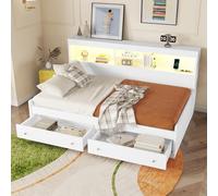 VIVCA Letto giornaliero 90 x 200 cm, divano letto, comodino, letto con 2 prese USB e 2 prese di ricarica, illuminazione ambientale, due cassetti, rete a doghe, senza materasso, truciolato, bianco