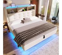 VIVCA Letto imbottito 140 × 200 cm, con striscia luminosa a LED, vano portaoggetti idraulico, design galleggiante, materasso non incluso, porte USB e tipo C, tessuto di lino, beige
