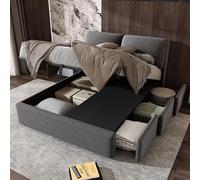 VIVCA Letto imbottito, 140 x 190, base idraulica, 3 cassetti, contenitore per riporre oggetti, rete a doghe con testiera, senza materasso, velluto, grigio