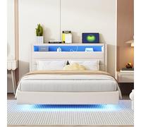 VIVCA Letto imbottito 140 x 200 cm, con presa USB e luce LED, testiera reversibile, poggiapiedi nascosto, letto doppio, letto per ragazzi, letto per adulti, tessuto di lino beige.