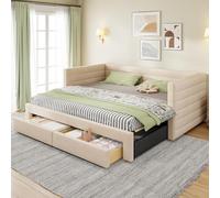 VIVCA Letto imbottito 90 x 190 cm 3 in 1 Divano letto estraibile multifunzione con cassetti, trasformabile in letto singolo/matrimoniale con rete a doghe, cotone e lino, beige (materasso non incluso).