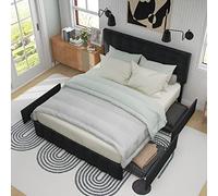 VIVCA Letto imbottito con 4 cassetti, 140 x 200 cm, letto matrimoniale con rete a doghe, contenitore letto, testiera regolabile in altezza e cuciture quadrate, supporto per doghe in metallo, materiale