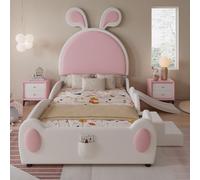 VIVCA Letto imbottito, letto singolo con piccola scala e scivolo per bambini, testiera con orecchie di coniglio, culla con doghe in legno, PU, bianco+rosa, 90 x 200 cm