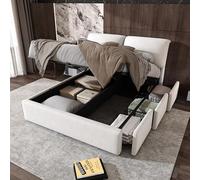 VIVCA Letto in velluto beige, 140 x 190 cm, rete a doghe idrauliche con testiera, tre cassetti, spazio di archiviazione, senza materasso