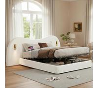 VIVCA Letto matrimoniale imbottito 180 x 200 cm, letto funzionale idraulico, porta di ricarica USB e lampada da lettura, letto con rete a doghe, testiera grande, testiera imbottita bianca bouclé